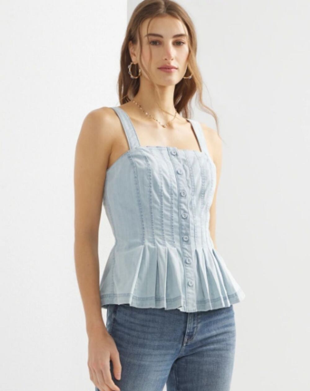 White House Black Market Denim Peplum Top, Light Wash, Size 2 NEW